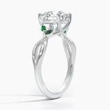 Willow Engagement Ring with Lab Emerald Accents with a Round cut diamond in white gold — side view