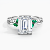 Willow Engagement Ring with Lab Emerald Accents with a Emerald cut diamond in white gold — top view
