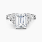 Celtic Love Knot Engagement Ring with a Emerald cut diamond in white gold — top view