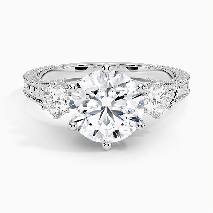 Hudson Three Stone Diamond Engagement Ring with a Round cut diamond in white gold — top view