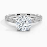 Elsie Engraved Engagement Ring with a Cushion cut diamond in white gold — top view