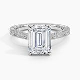Elsie Engraved Engagement Ring with a Emerald cut diamond in white gold — top view