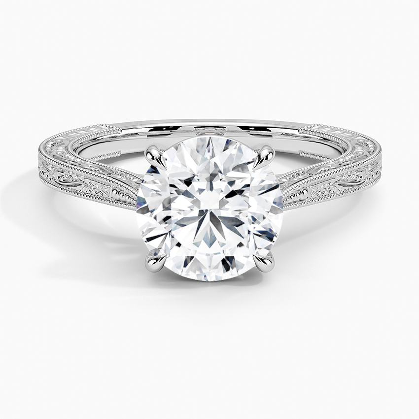 Elsie Engraved Engagement Ring with a Round cut diamond in white gold — top view