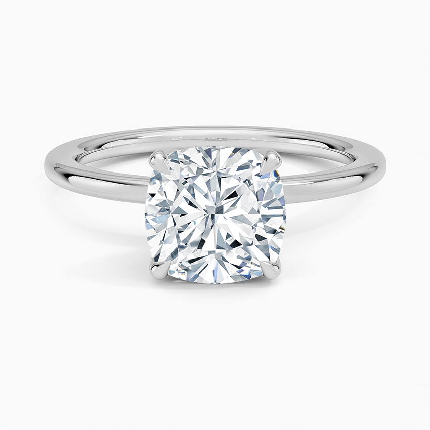 Petite 1.5mm Engagement Ring with a Cushion cut diamond in white gold — top view