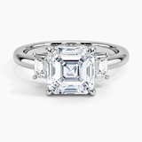 Petite Rhiannon Three Stone Diamond Engagement Ring with a Asscher cut diamond in white gold — top view