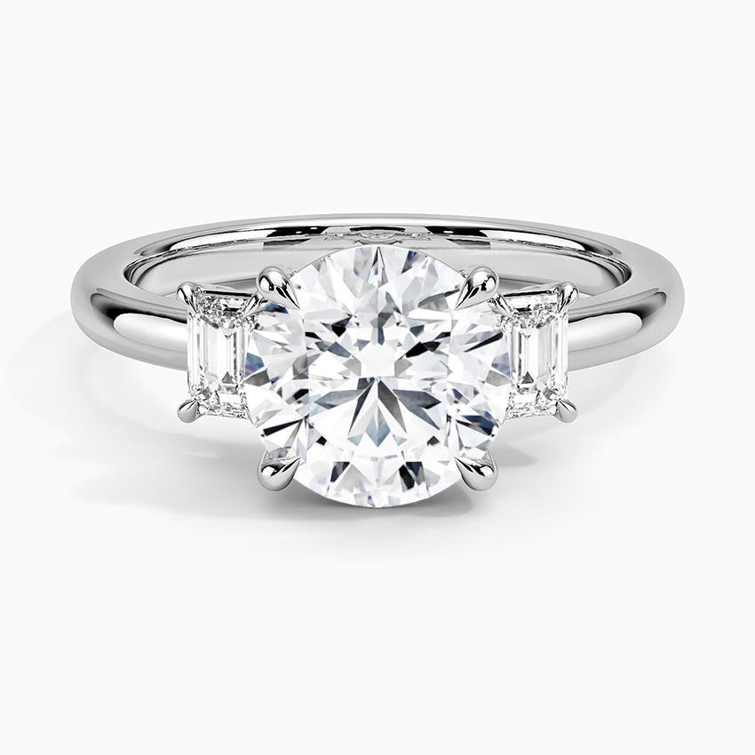 Petite Rhiannon Three Stone Diamond Engagement Ring with a Round cut diamond in white gold — top view