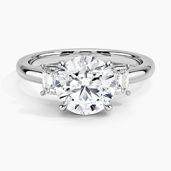 Petite Rhiannon Three Stone Diamond Engagement Ring with a Round cut diamond in white gold — top view