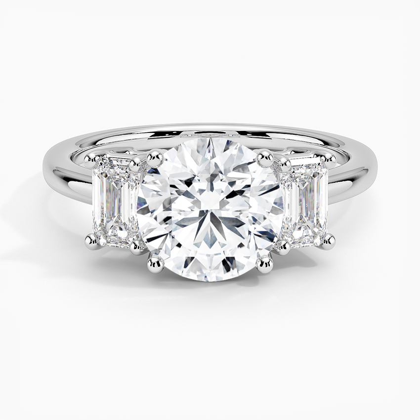 Luxe Rhiannon Three Stone Diamond Engagement Ring with a Round cut diamond in white gold — top view