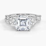 Budding Willow Three Stone Diamond Engagement Ring with a Asscher cut diamond in white gold — top view