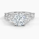 Budding Willow Three Stone Diamond Engagement Ring with a Cushion cut diamond in white gold — top view