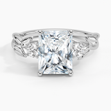 Budding Willow Three Stone Diamond Engagement Ring with a Radiant cut diamond in white gold — top view