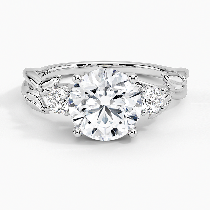 Budding Willow Three Stone Diamond Engagement Ring with a Round cut diamond in white gold — top view