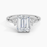 Floating Three Stone Diamond Engagement Ring with a Emerald cut diamond in white gold — top view