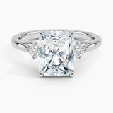 Floating Three Stone Diamond Engagement Ring with a Radiant cut diamond in white gold — top view