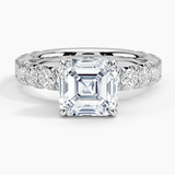 Ellora Three-Quarter Coverage Diamond Engagement Ring with a Asscher cut diamond in white gold — top view