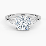 Floating Three Stone Pear Diamond Engagement Ring with a Cushion cut diamond in white gold — top view