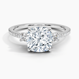 Lyra Three Stone Diamond Engagement Ring with a Cushion cut diamond in white gold — top view