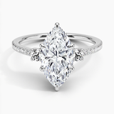 Lyra Three Stone Diamond Engagement Ring with a Marquise cut diamond in white gold — top view