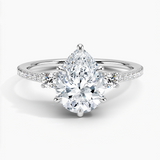 Lyra Three Stone Diamond Engagement Ring with a Pear cut diamond in white gold — top view