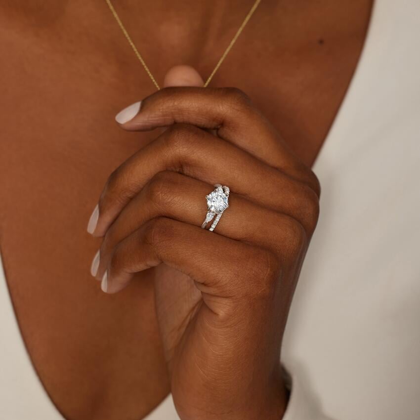 Delilah Three Stone Pear Diamond Engagement Ring