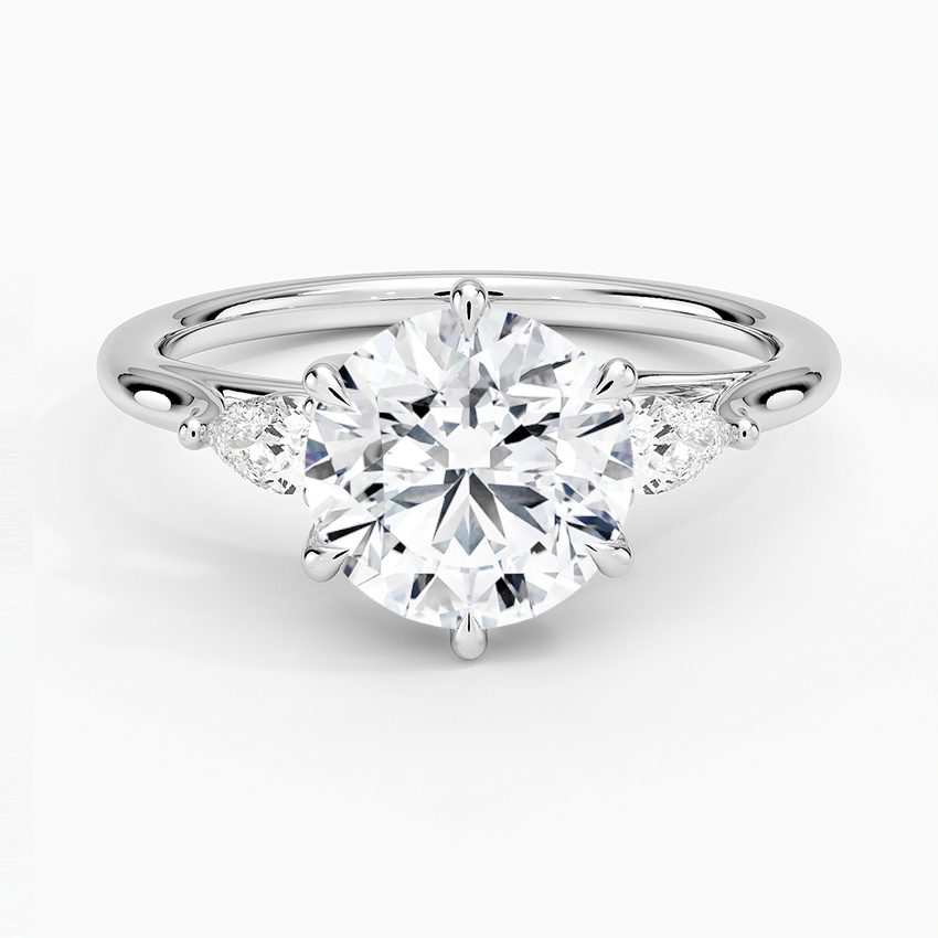 Delilah Three Stone Pear Diamond Engagement Ring with a Round cut diamond in white gold — top view