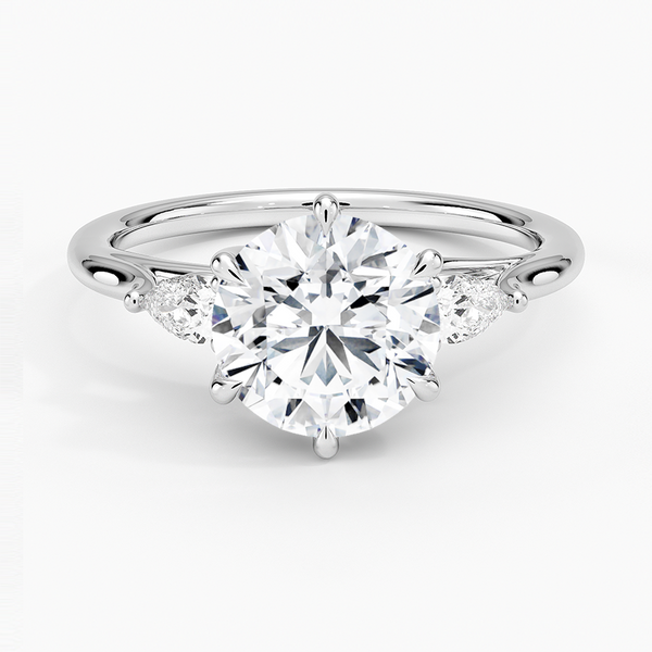 Delilah Three Stone Pear Diamond Engagement Ring with a Round cut diamond in white gold — top view