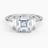 Vertical Baguette Three Stone Diamond Engagement Ring with a Asscher cut diamond in white gold — top view