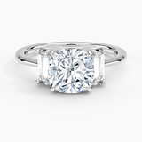 Vertical Baguette Three Stone Diamond Engagement Ring with a Cushion cut diamond in white gold — top view