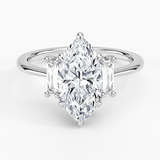 Vertical Baguette Three Stone Diamond Engagement Ring with a Marquise cut diamond in white gold — top view