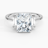 Vertical Baguette Three Stone Diamond Engagement Ring with a Radiant cut diamond in white gold — top view