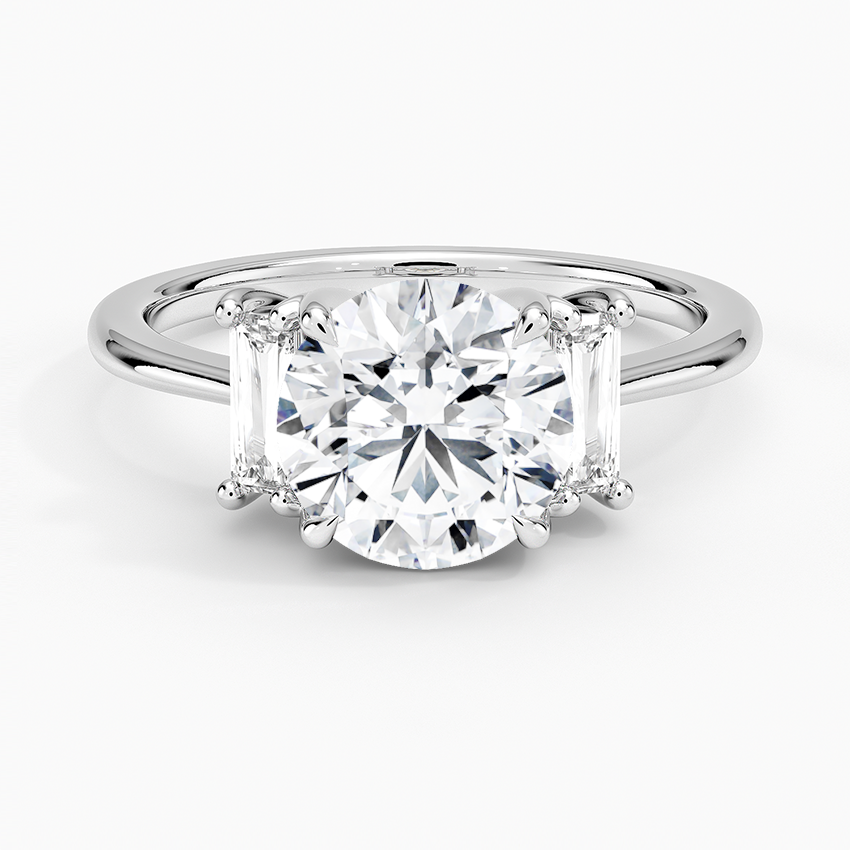 Vertical Baguette Three Stone Diamond Engagement Ring with a Round cut diamond in white gold — top view