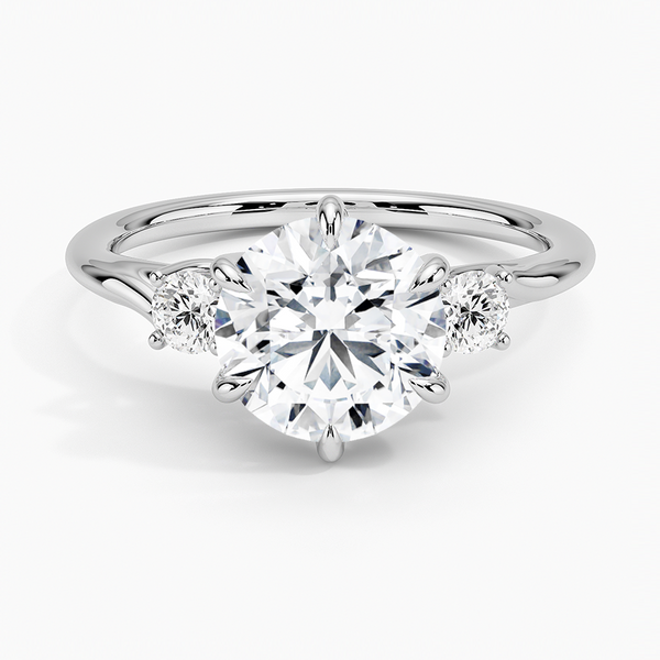 Delilah Three Stone Diamond Engagement Ring with a Round cut diamond in white gold — top view