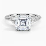 Camellia Milgrain Diamond Engagement Ring with a Asscher cut diamond in white gold — top view