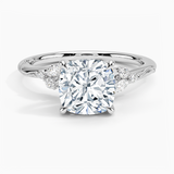 Camellia Milgrain Diamond Engagement Ring with a Cushion cut diamond in white gold — top view