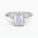 Camellia Milgrain Diamond Engagement Ring with a Emerald cut diamond in white gold — top view