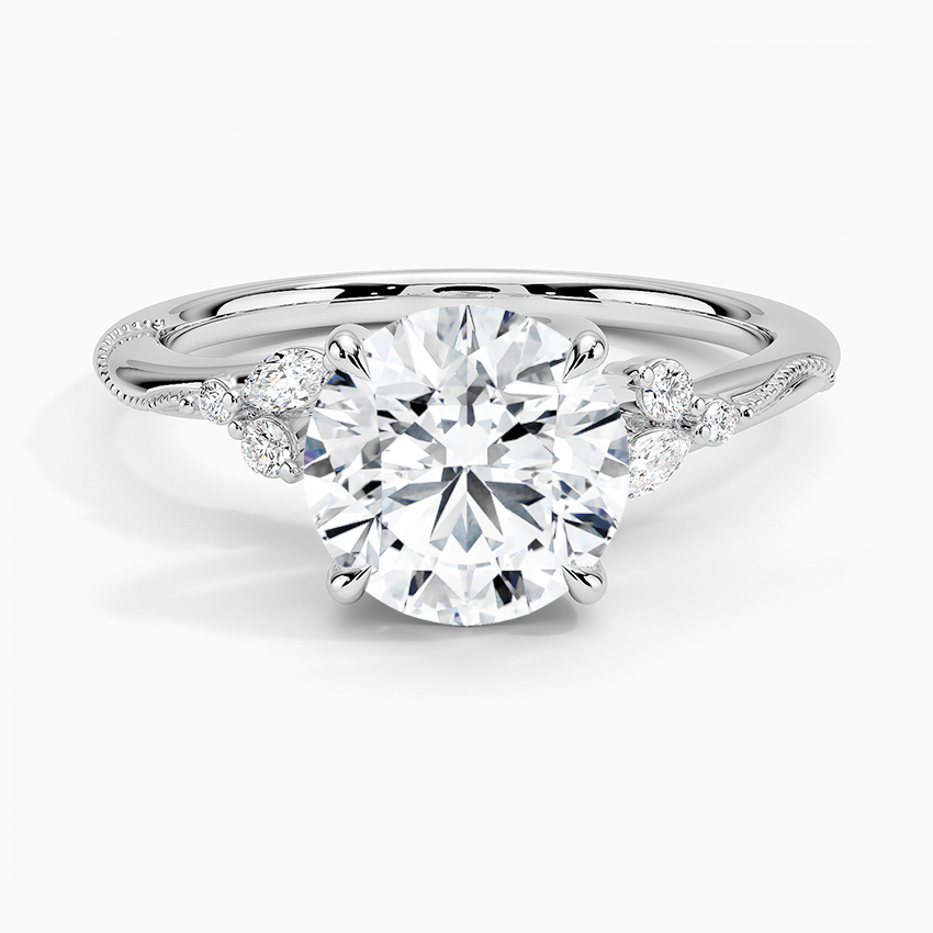 Camellia Milgrain Diamond Engagement Ring with a Round cut diamond in white gold — top view
