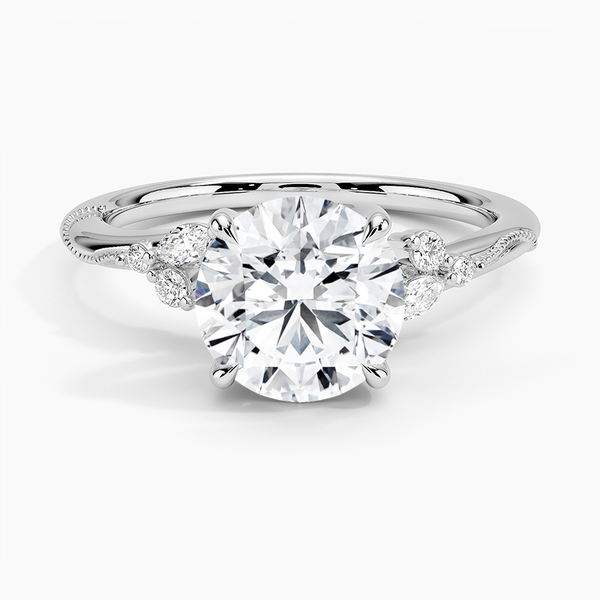 Camellia Milgrain Diamond Engagement Ring with a Round cut diamond in white gold — top view