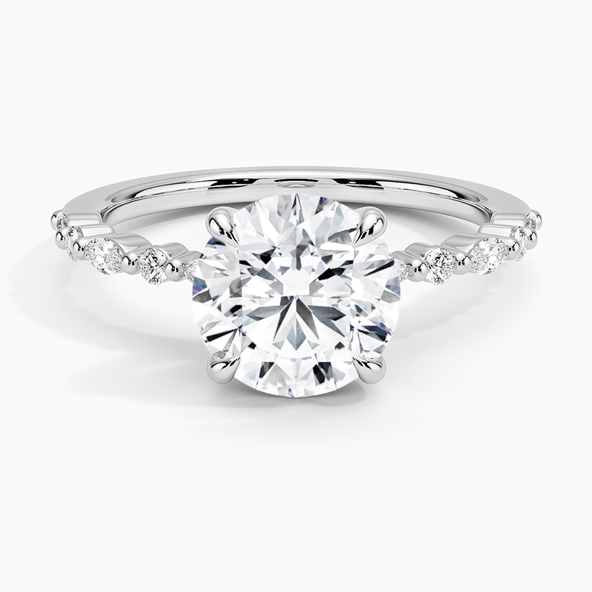 Delicate Versailles Diamond Engagement Ring with a Round cut diamond in white gold — top view