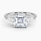 Adorned Opera Three Stone Diamond Engagement Ring with a Asscher cut diamond in white gold — top view