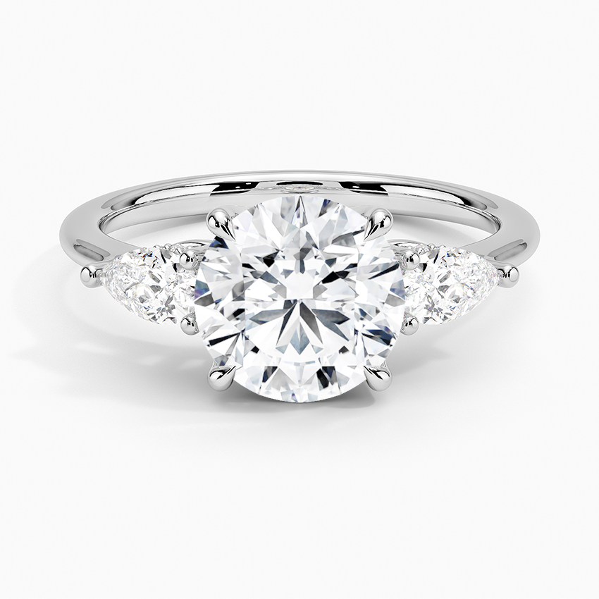 Adorned Opera Three Stone Diamond Engagement Ring with a Round cut diamond in white gold — top view