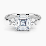 Selene Three Stone Diamond Engagement Ring with a Asscher cut diamond in white gold — top view
