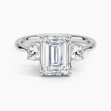 Selene Three Stone Diamond Engagement Ring with a Emerald cut diamond in white gold — top view