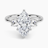 Selene Three Stone Diamond Engagement Ring with a Marquise cut diamond in white gold — top view