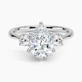 Selene Three Stone Diamond Engagement Ring with a Pear cut diamond in white gold — top view