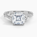 Begonia Vine Diamond Engagement Ring with a Asscher cut diamond in white gold — top view