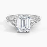 Begonia Vine Diamond Engagement Ring with a Emerald cut diamond in white gold — top view
