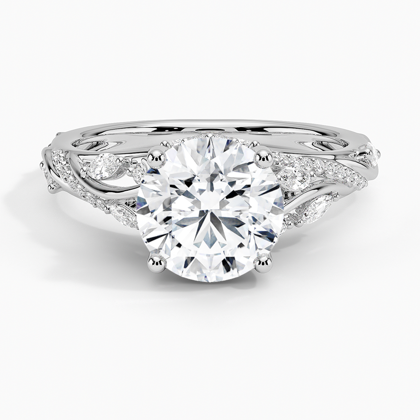 Begonia Vine Diamond Engagement Ring with a Round cut diamond in white gold — top view