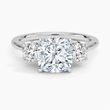 Petal Three Stone Diamond Engagement Ring with a Cushion cut diamond in white gold — top view
