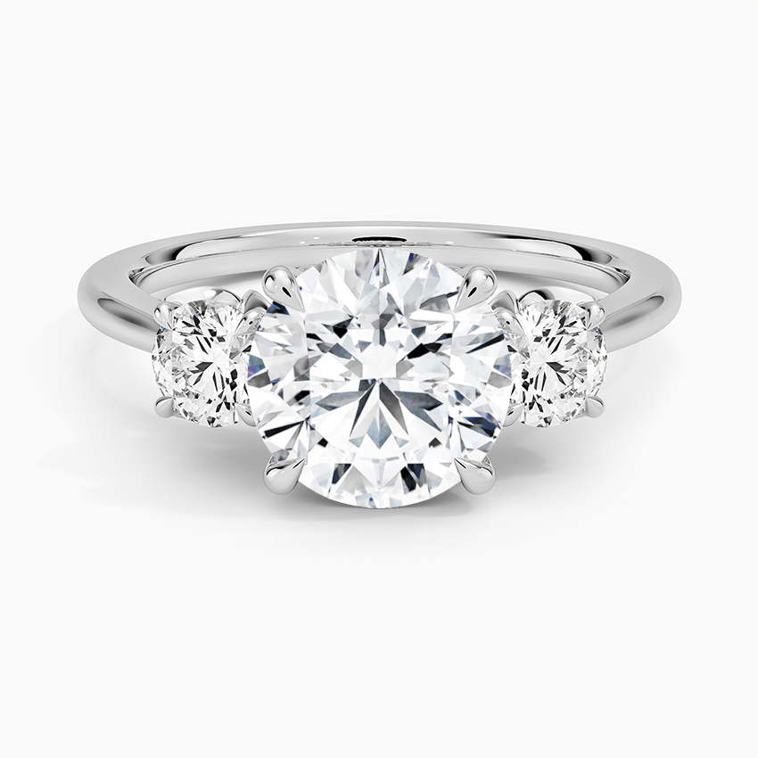 Petal Three Stone Diamond Engagement Ring with a Round cut diamond in white gold — top view