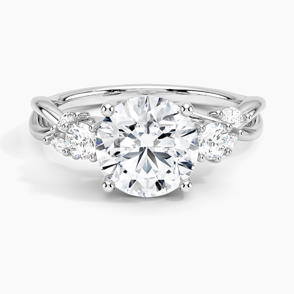 Willow Three Stone Diamond Engagement Ring with a Round cut diamond in white gold — top view
